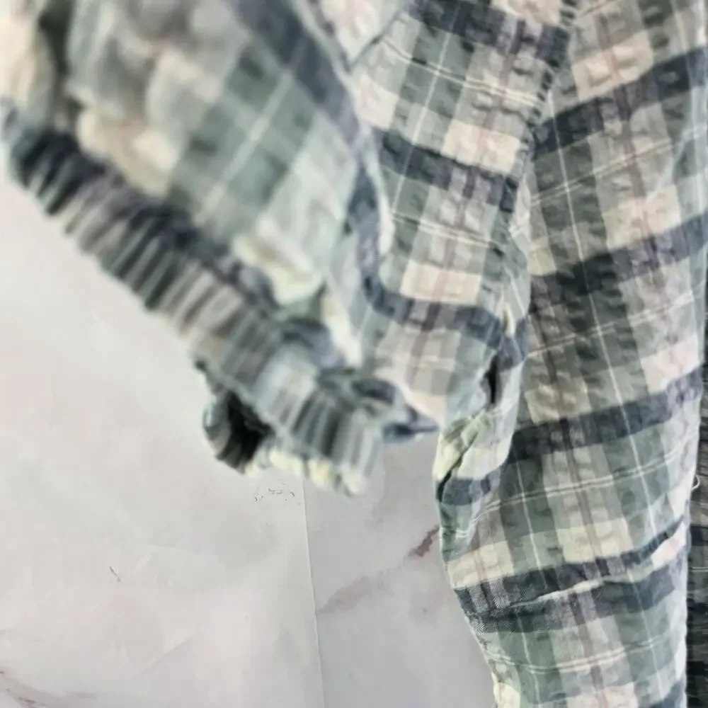 Madewell Top Womens Small Blue Plaid Puff Sleeve Babydoll Seersucker Crop